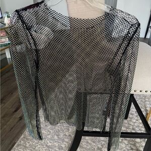 Rock & Roll Rhinestone Mesh Long Sleeve Top, M